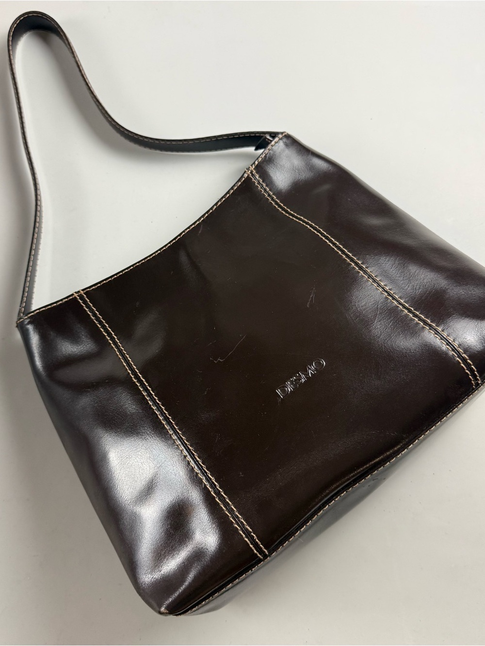 vtg Y2K DESMO Italian Brown Leather Shoulder Bag Hobo Minimalist Baguette - Picture 3 of 10